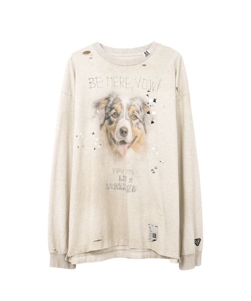 Dog Printed Embellished Distressed Long Sleeve T-shirt