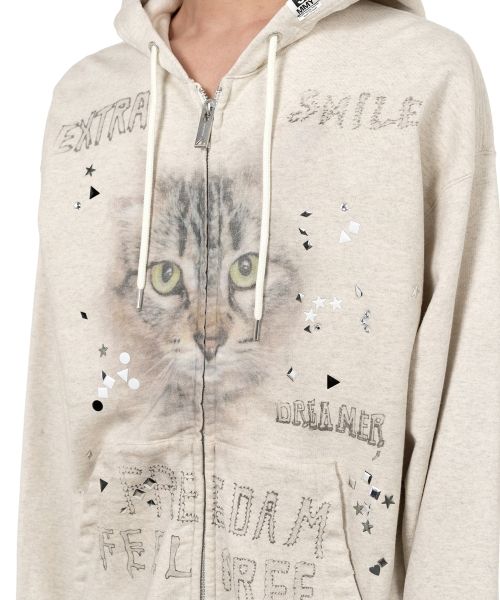 Animal Printed Embellished Distressed Zip-up Hoodie
