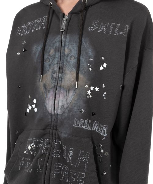 Animal Printed Embellished Distressed Zip-up Hoodie