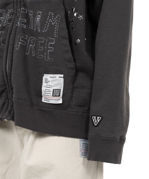 Animal Printed Embellished Distressed Zip-up Hoodie