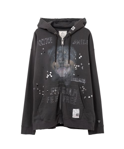 Animal Printed Embellished Distressed Zip-up Hoodie