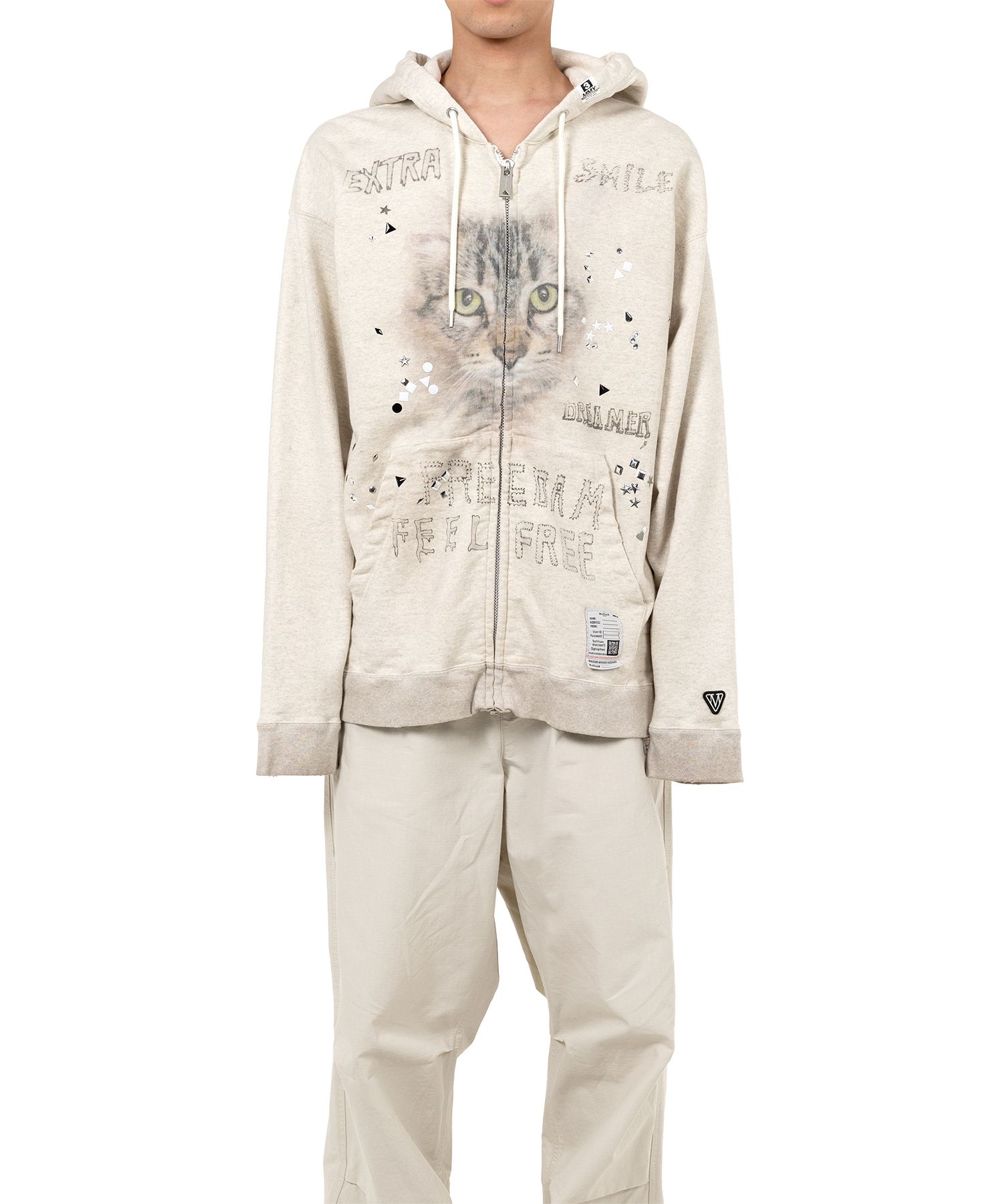 Animal Printed Embellished Distressed Zip-up Hoodie