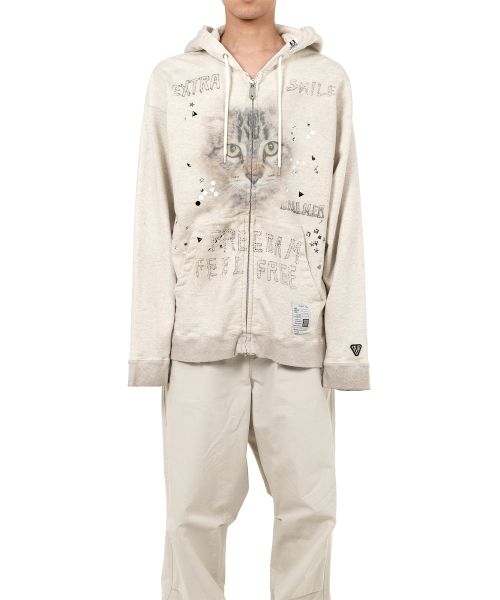 Animal Printed Embellished Distressed Zip-up Hoodie