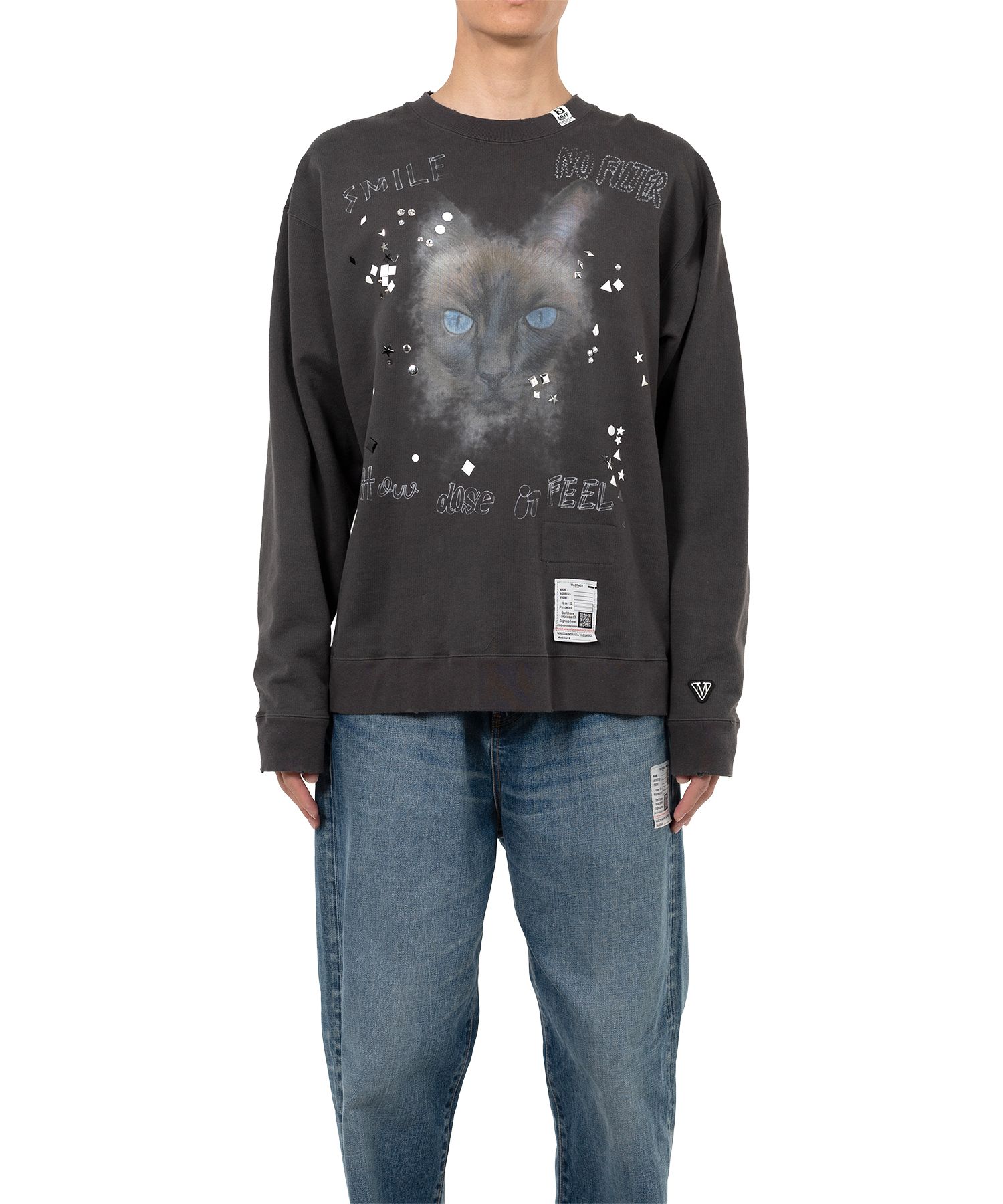 Cat Printed Embellished Distressed Sweatshirt