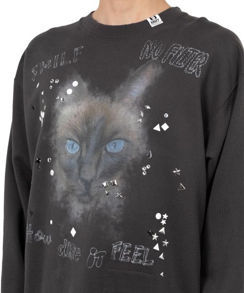 Cat Printed Embellished Distressed Sweatshirt