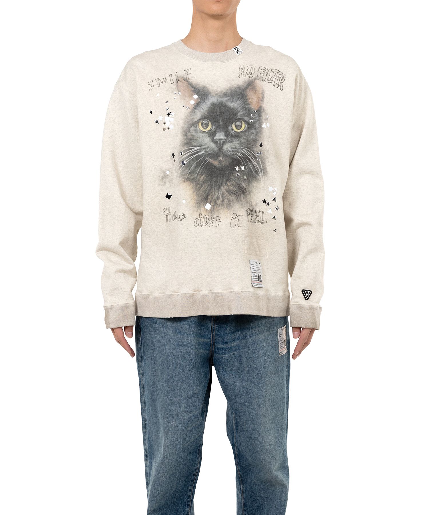 Cat Printed Embellished Distressed Sweatshirt