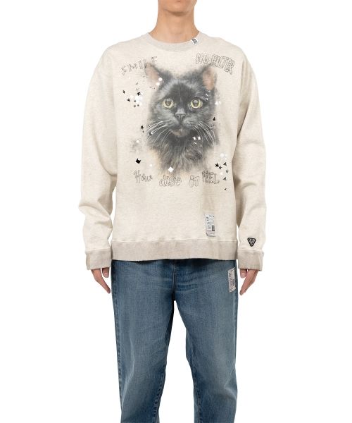 Cat Printed Embellished Distressed Sweatshirt