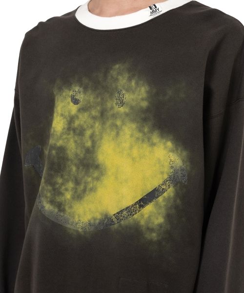 Smily Face Printed Distressed Ringer Sweatshirt