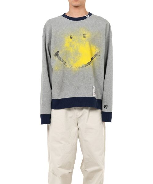 Smily Face Printed Distressed Ringer Sweatshirt