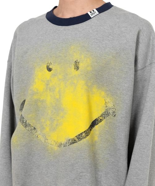 Smily Face Printed Distressed Ringer Sweatshirt