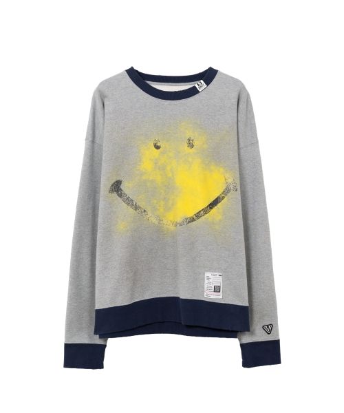 Smily Face Printed Distressed Ringer Sweatshirt
