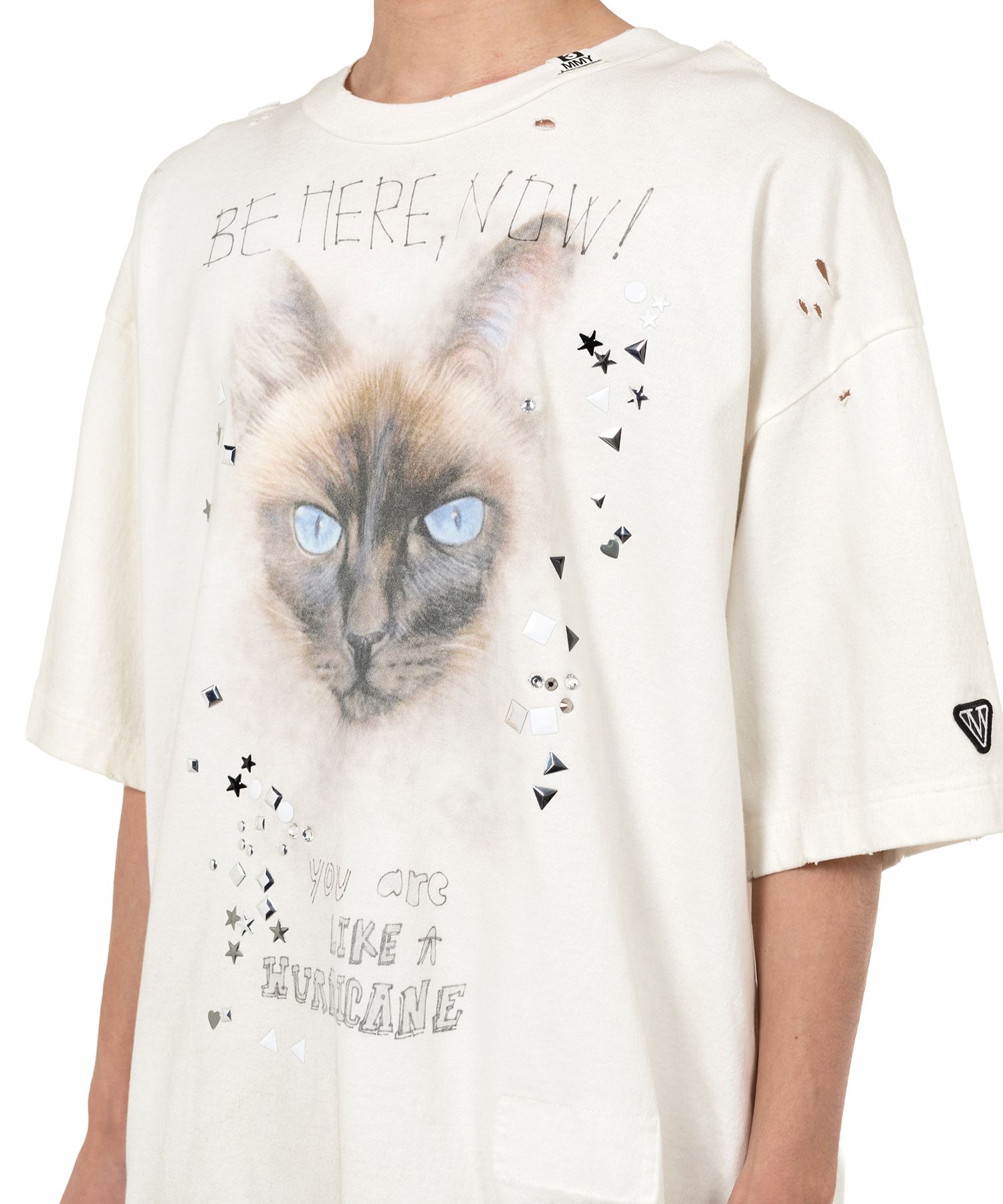 Cat Printed Embellished Distressed T-shirt