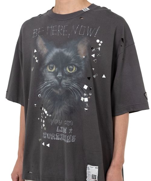 Cat Printed Embellished Distressed T-shirt