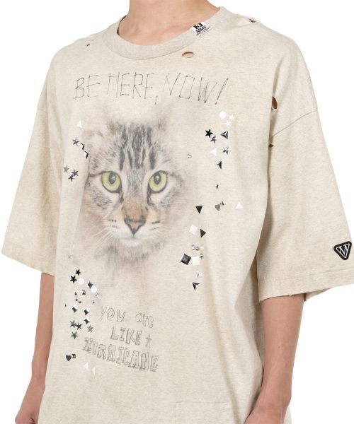 Cat Printed Embellished Distressed T-shirt