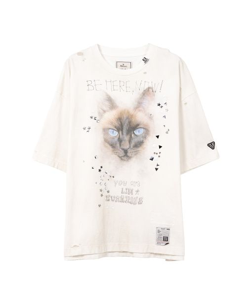 Cat Printed Embellished Distressed T-shirt