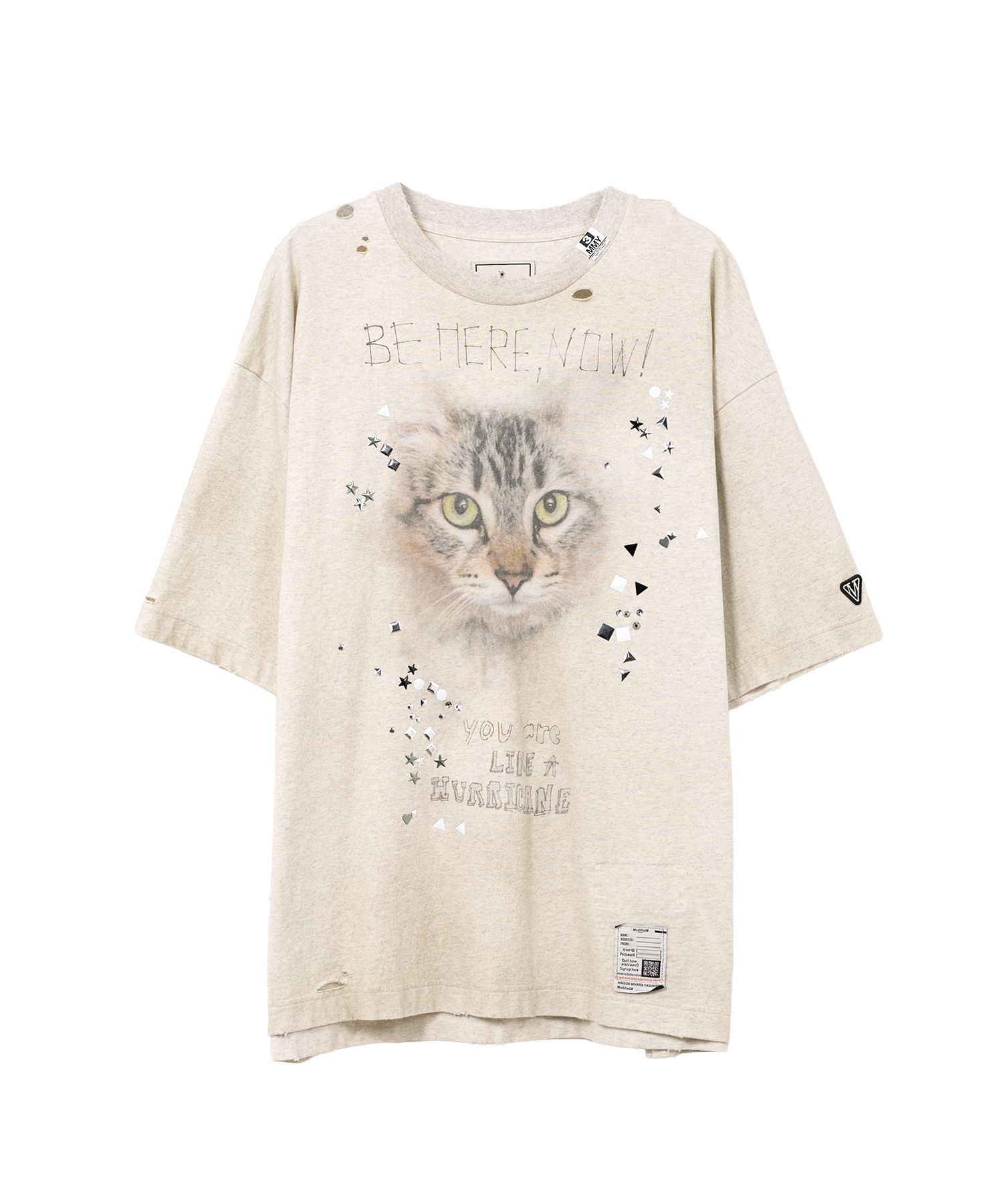 Cat Printed Embellished Distressed T-shirt