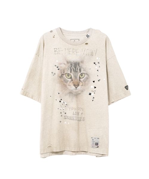 Cat Printed Embellished Distressed T-shirt