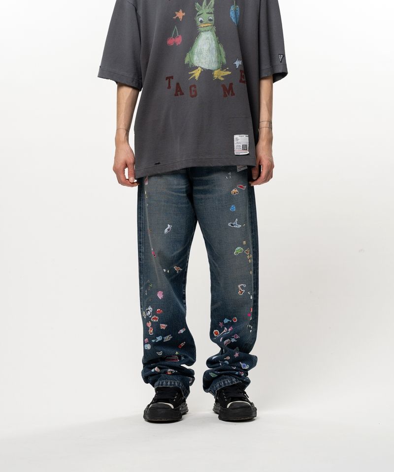 Kids Sticker Printed Straight Denim Pants