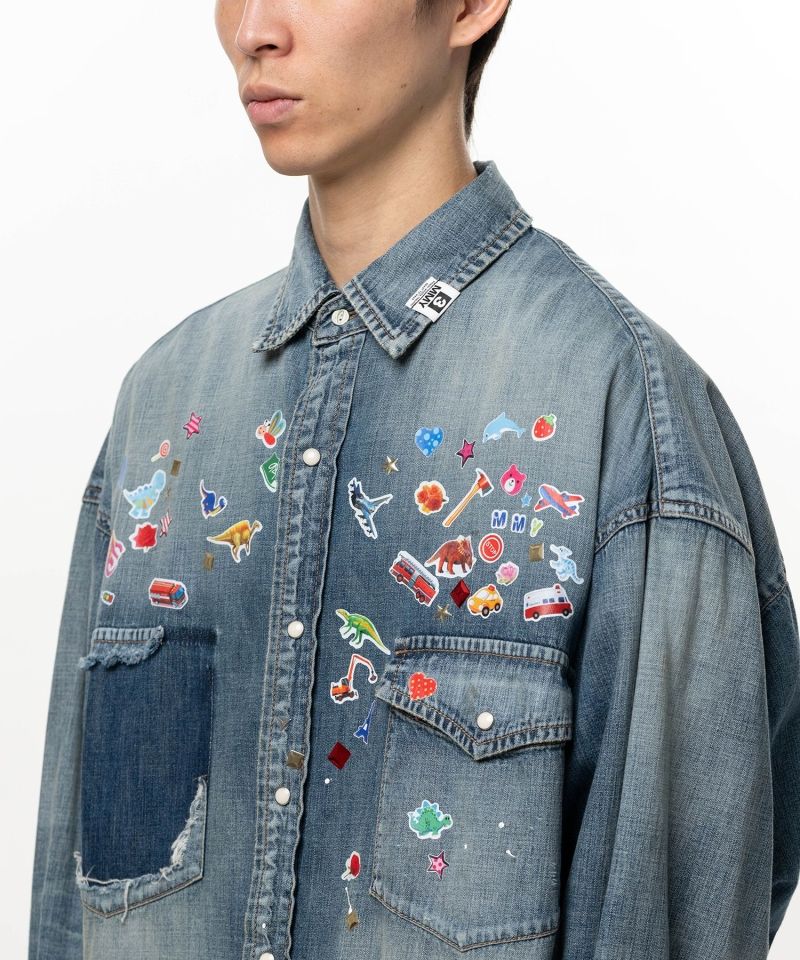 Kids Sticker Printed Denim Shirt