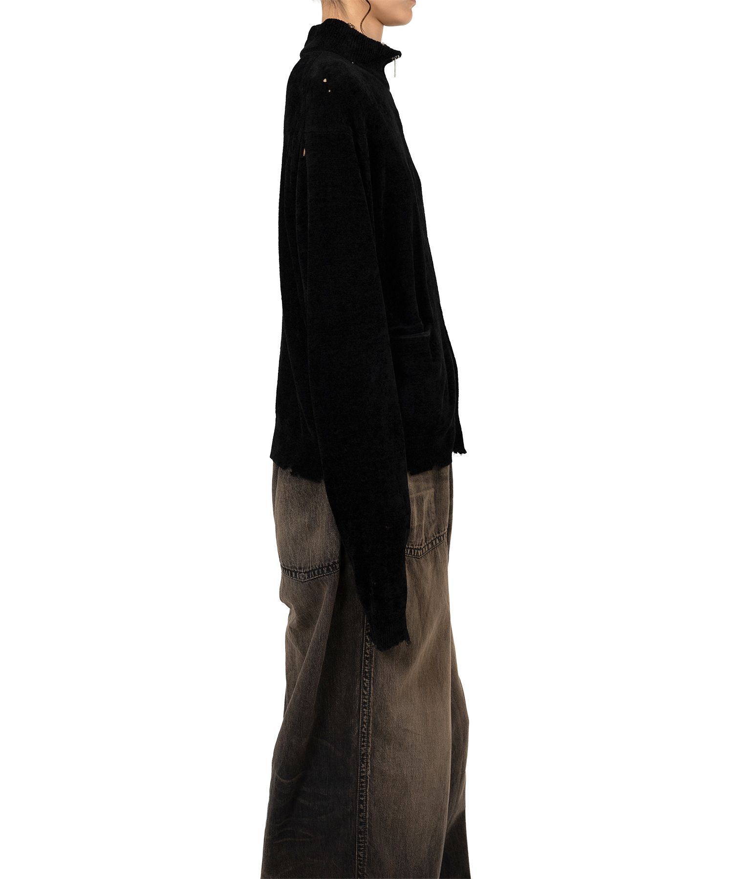 Distressed High Neck Knit Cardigan