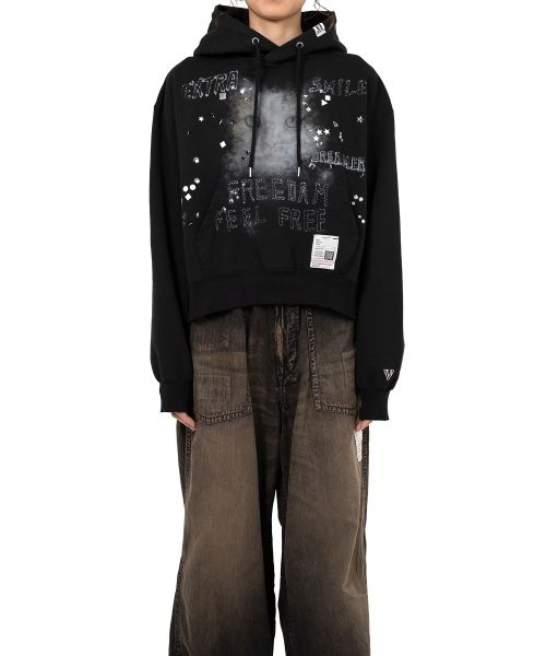 Cat Printed Embellished Distressed Hoodie