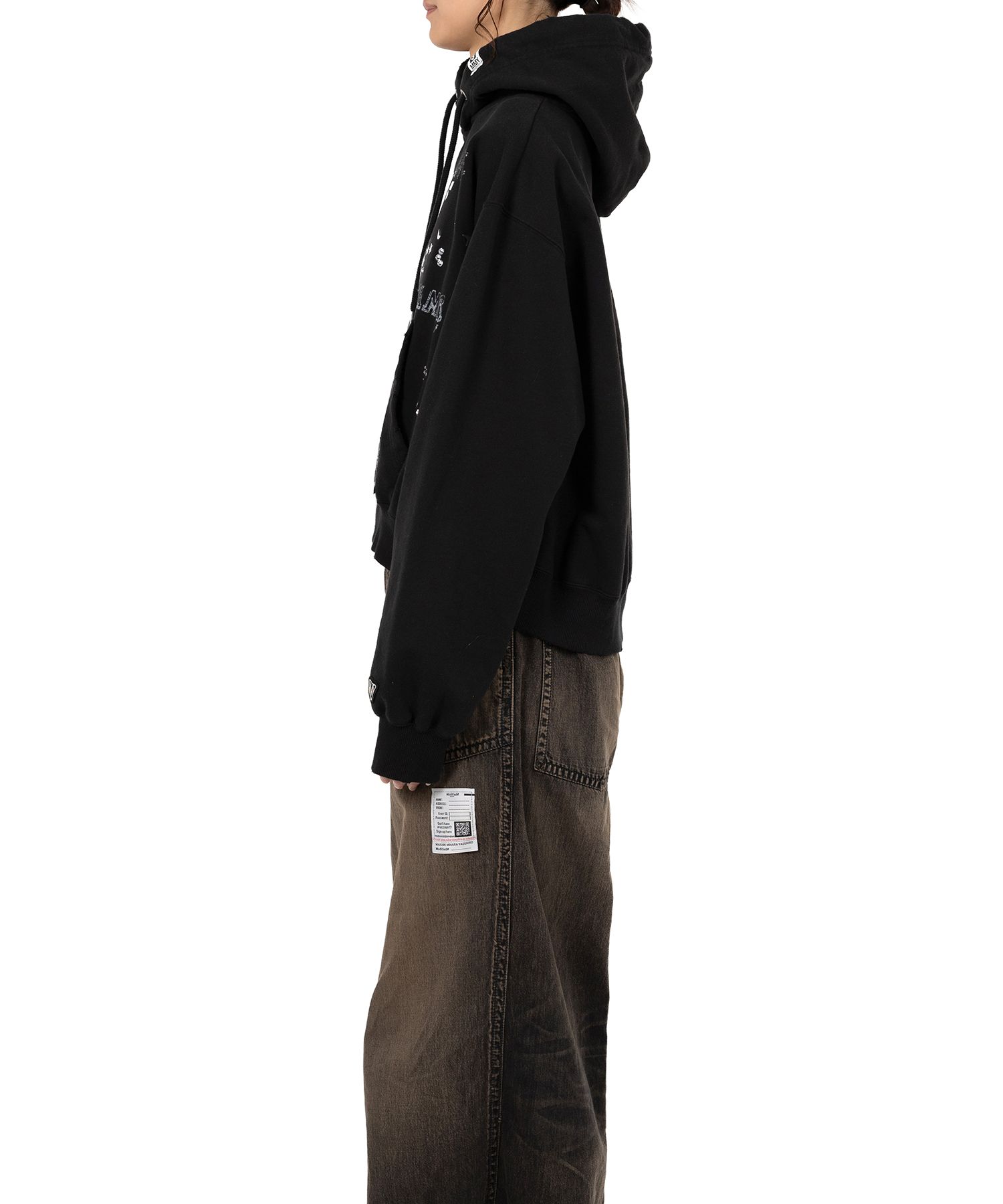 Cat Printed Embellished Distressed Hoodie