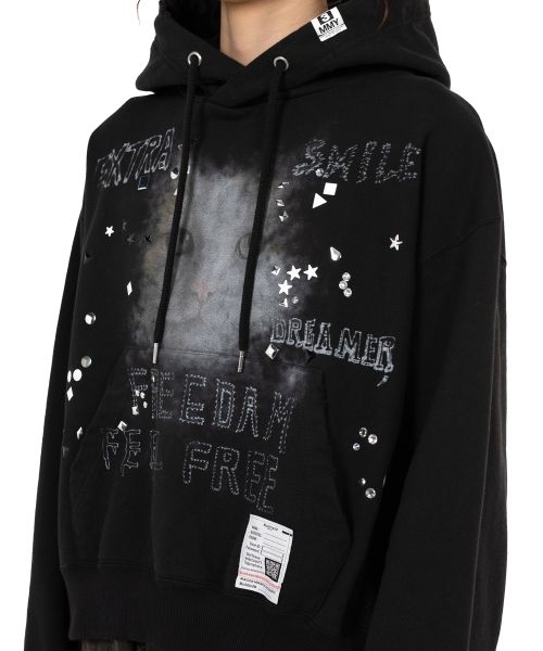 Cat Printed Embellished Distressed Hoodie