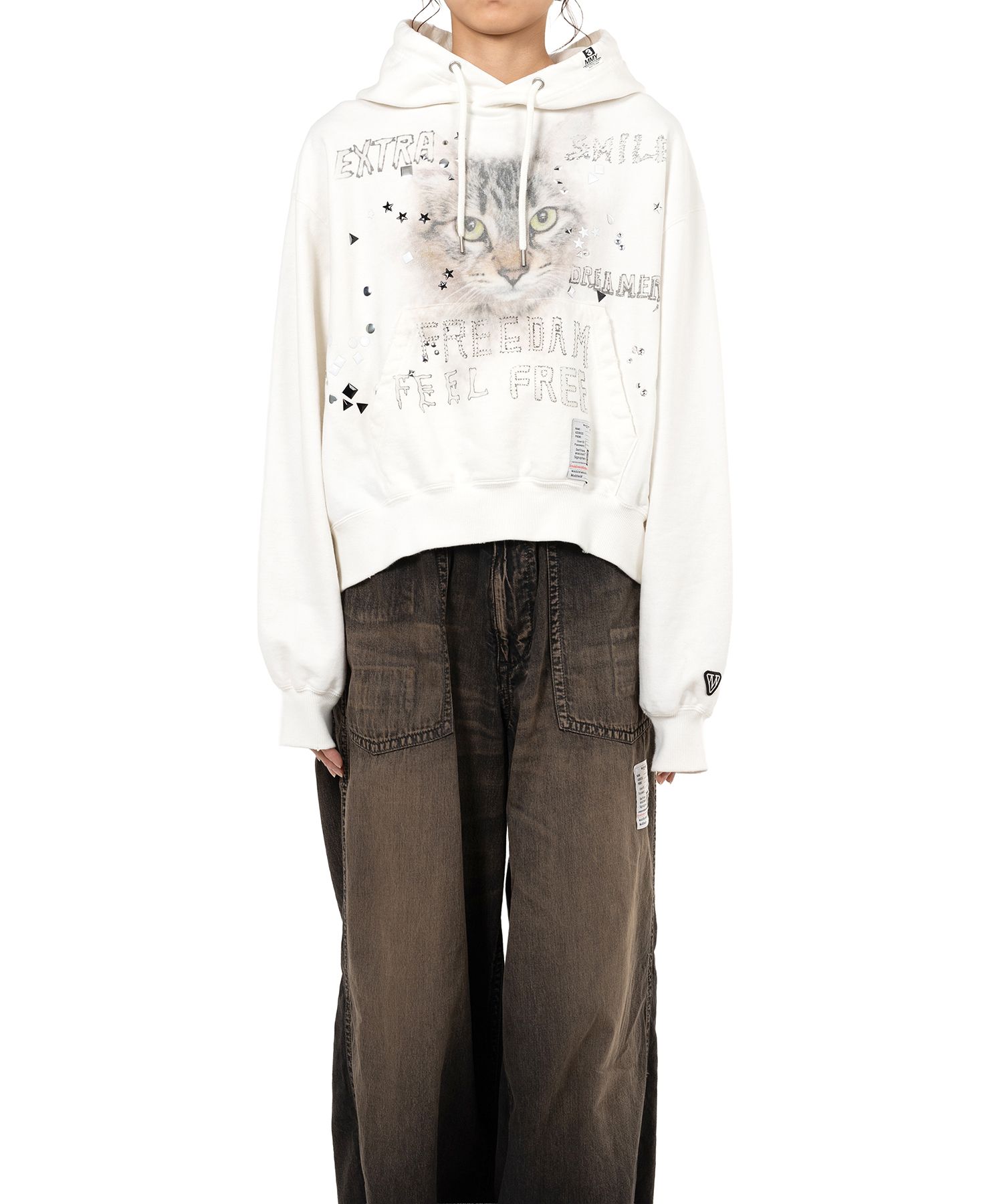 Cat Printed Embellished Distressed Hoodie