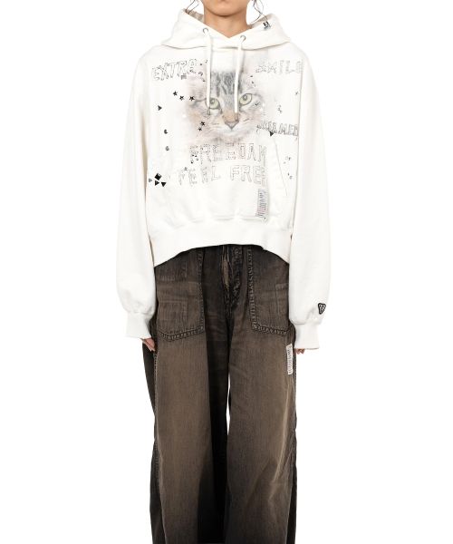 Cat Printed Embellished Distressed Hoodie