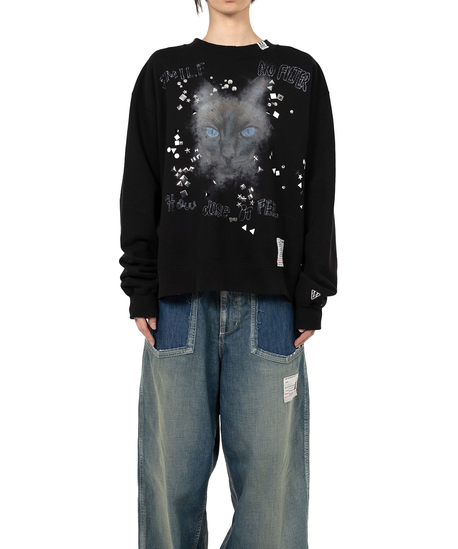 Cat Printed Embellished Distressed Sweatshirt