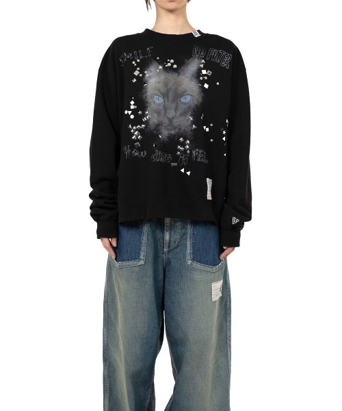 Cat Printed Embellished Distressed Sweatshirt