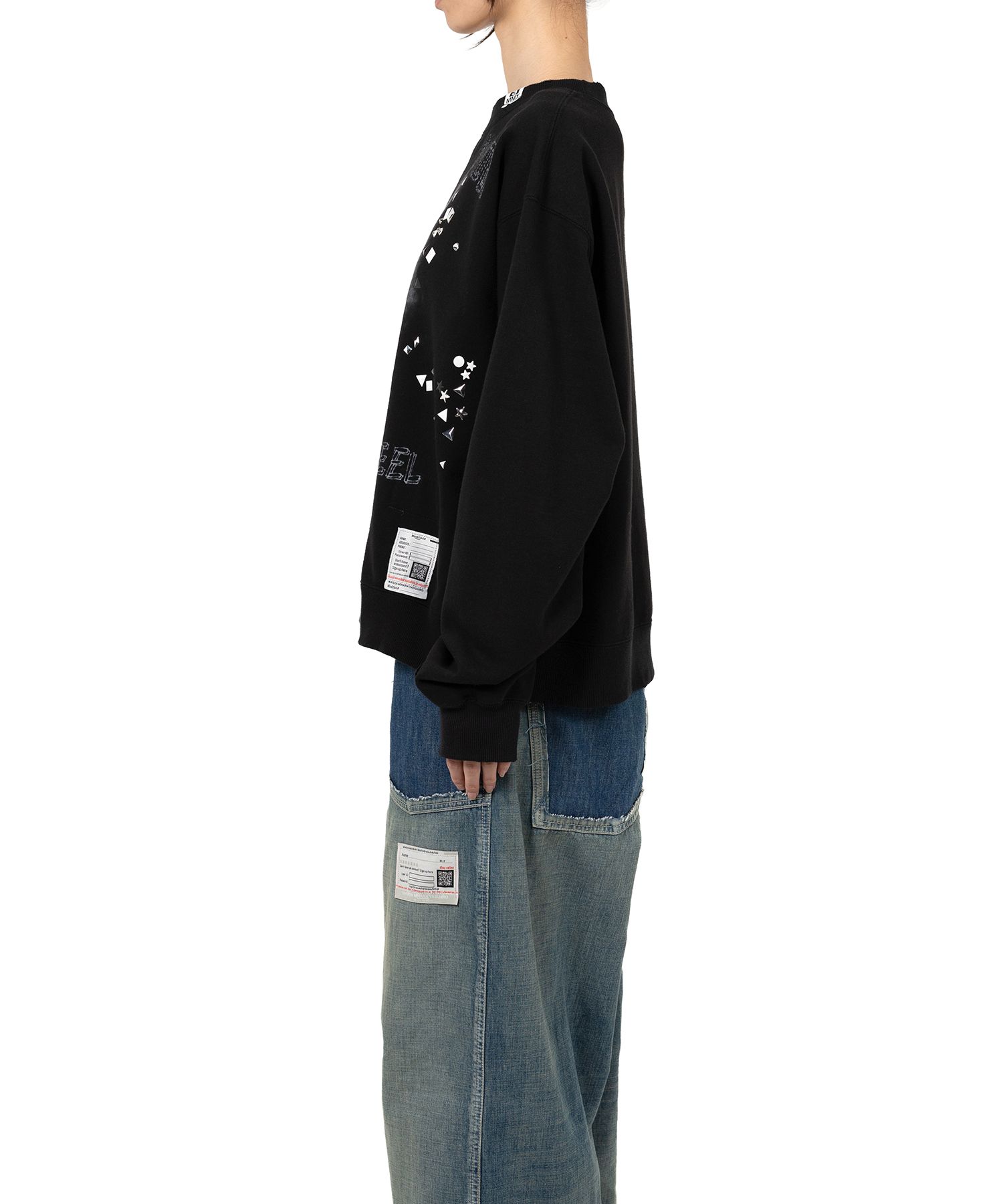 Cat Printed Embellished Distressed Sweatshirt