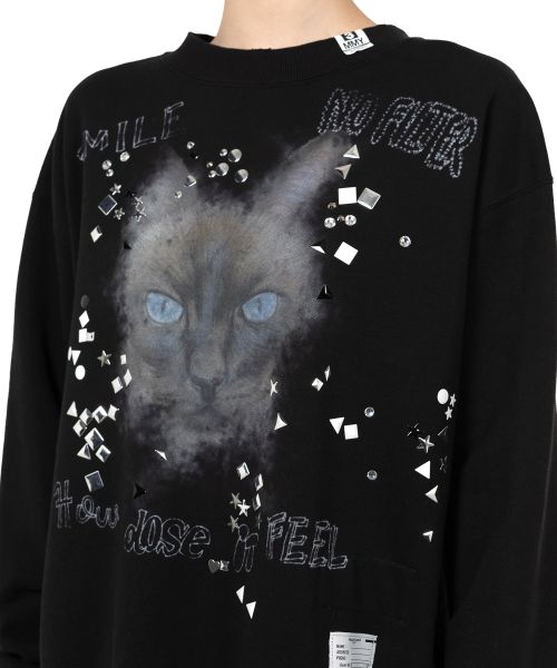 Cat Printed Embellished Distressed Sweatshirt