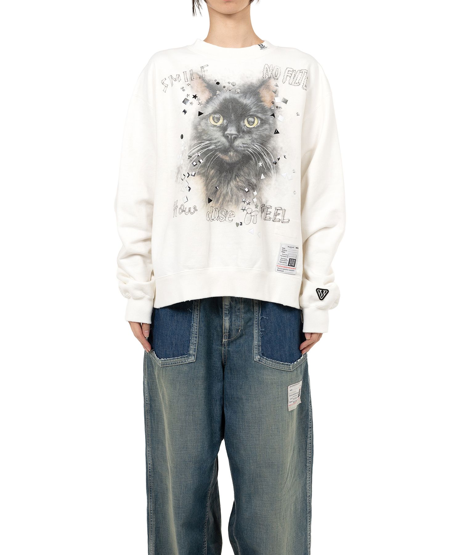 Cat Printed Embellished Distressed Sweatshirt