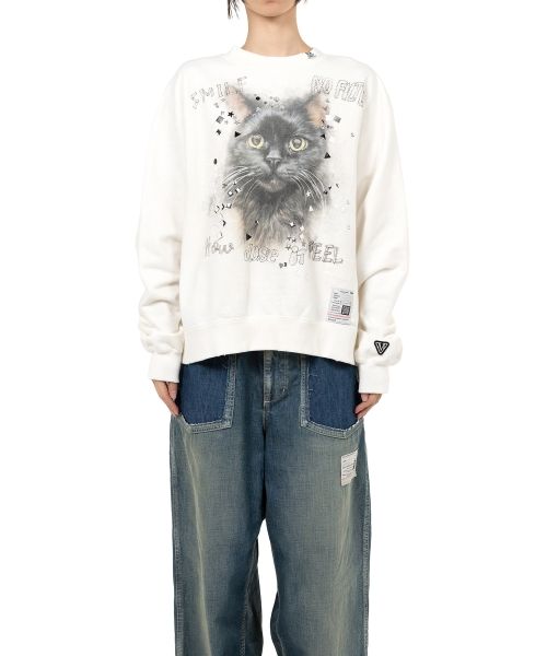 Cat Printed Embellished Distressed Sweatshirt