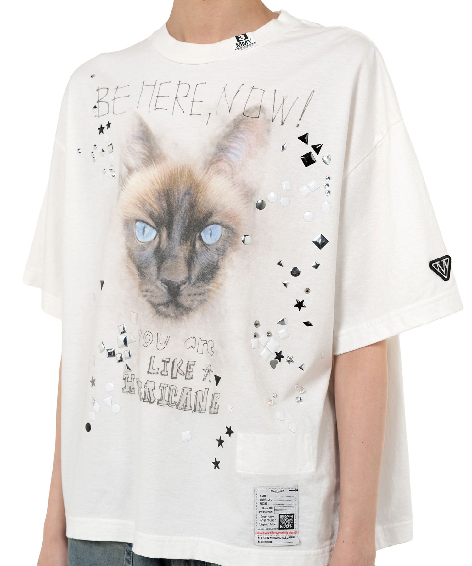 Cat Printed Embellished Distressed T-Shirt