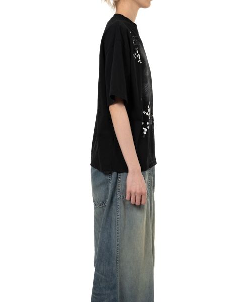 Cat Printed Embellished Distressed T-Shirt