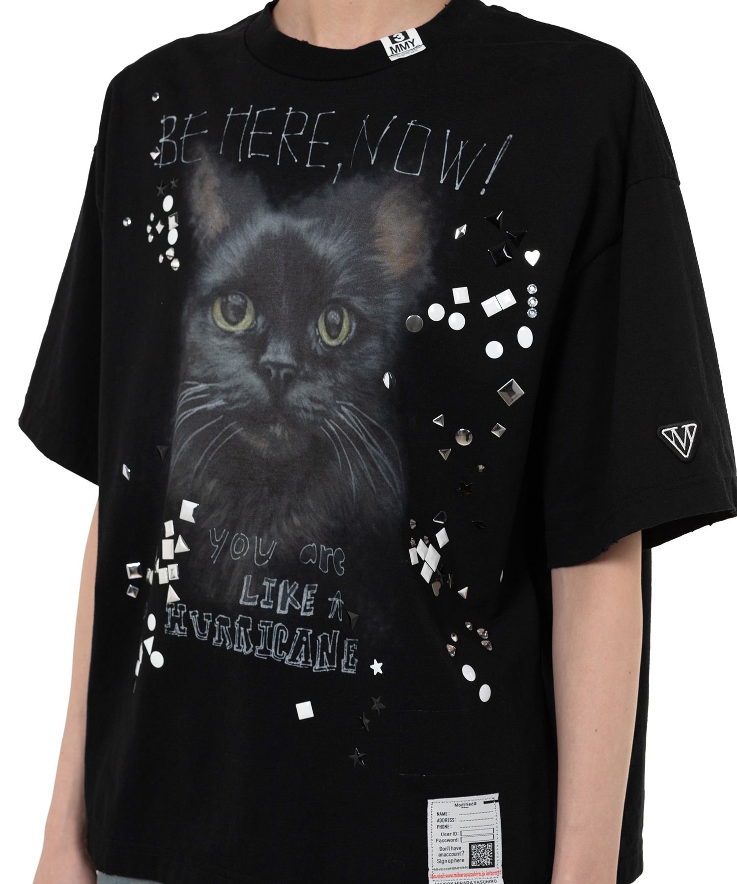 Cat Printed Embellished Distressed T-Shirt