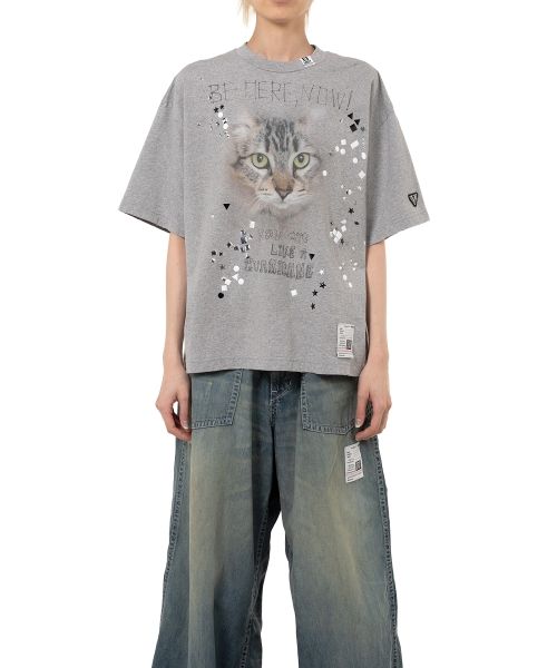Cat Printed Embellished Distressed T-Shirt