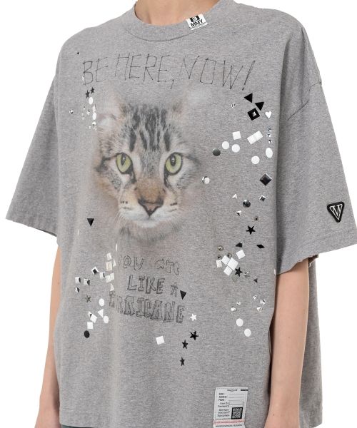 Cat Printed Embellished Distressed T-Shirt