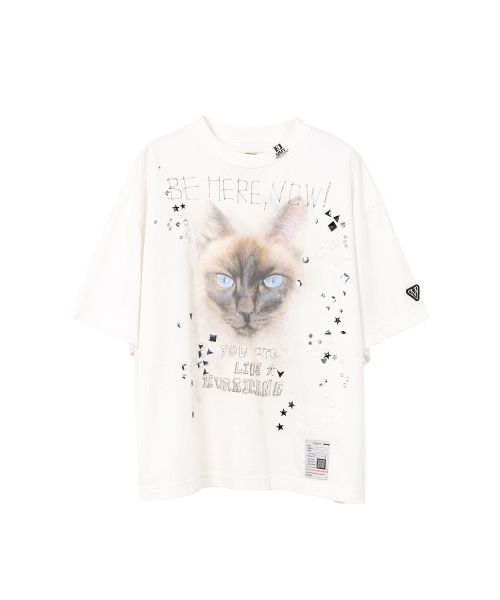Cat Printed Embellished Distressed T-Shirt