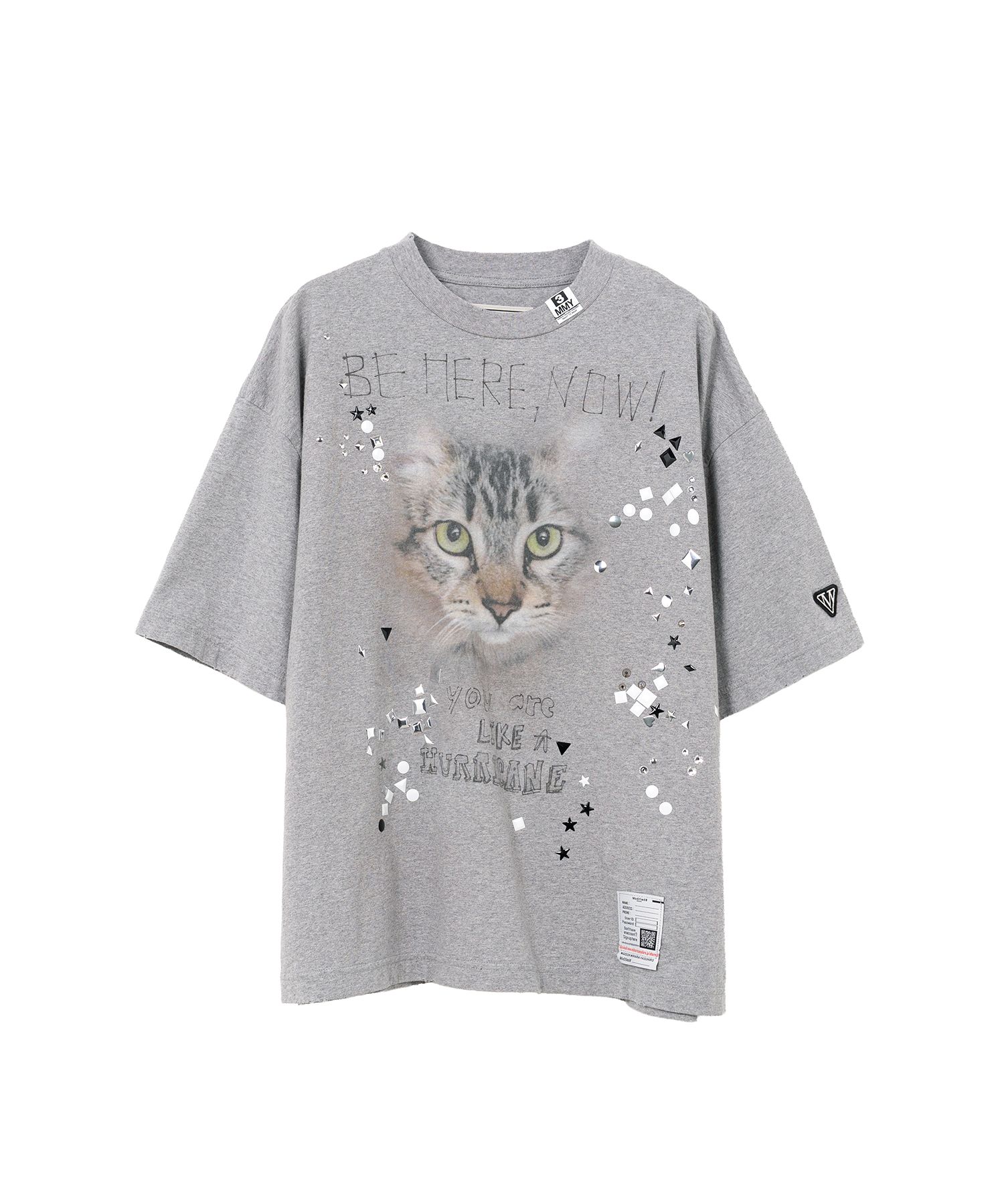 Cat Printed Embellished Distressed T-Shirt