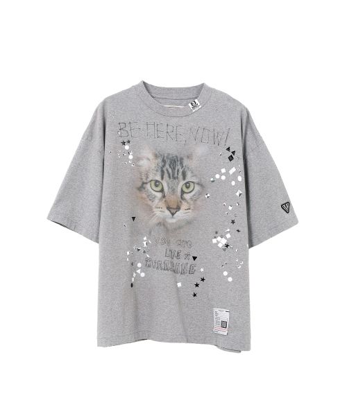 Cat Printed Embellished Distressed T-Shirt