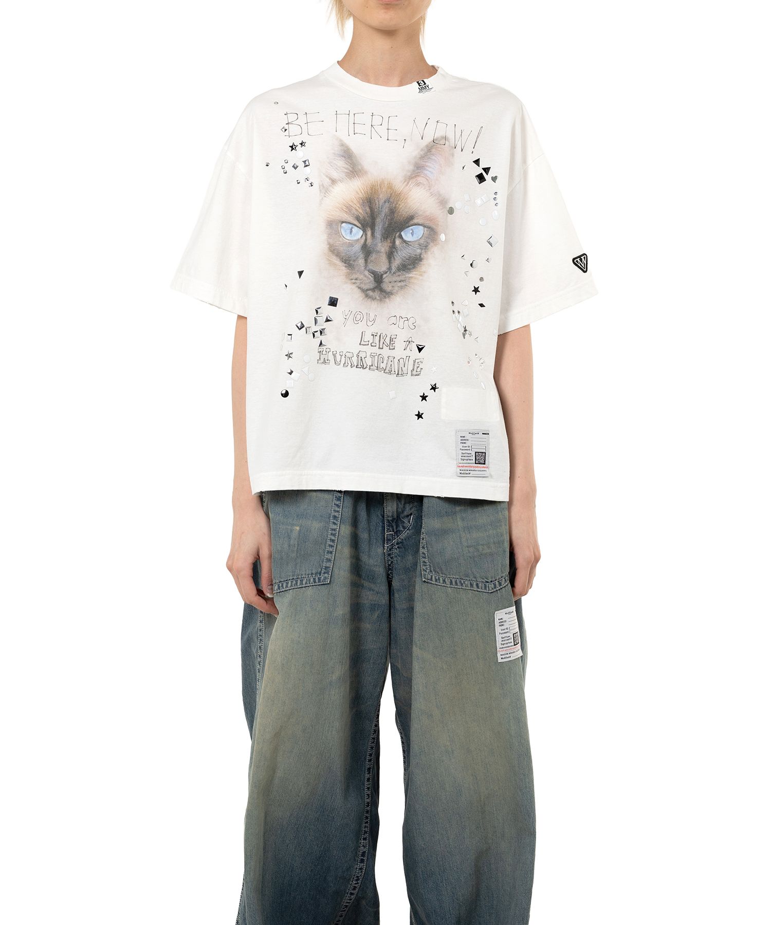 Cat Printed Embellished Distressed T-Shirt