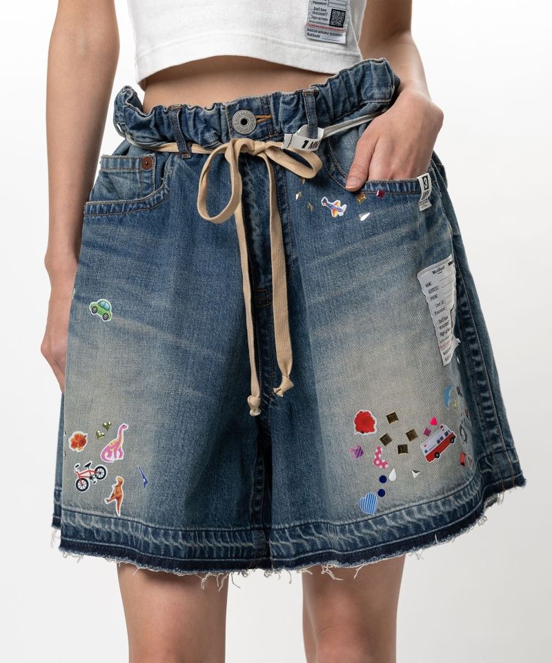 Kids Sticker Printed Denim Gather Shorts