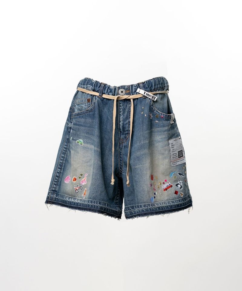 Kids Sticker Printed Denim Gather Shorts