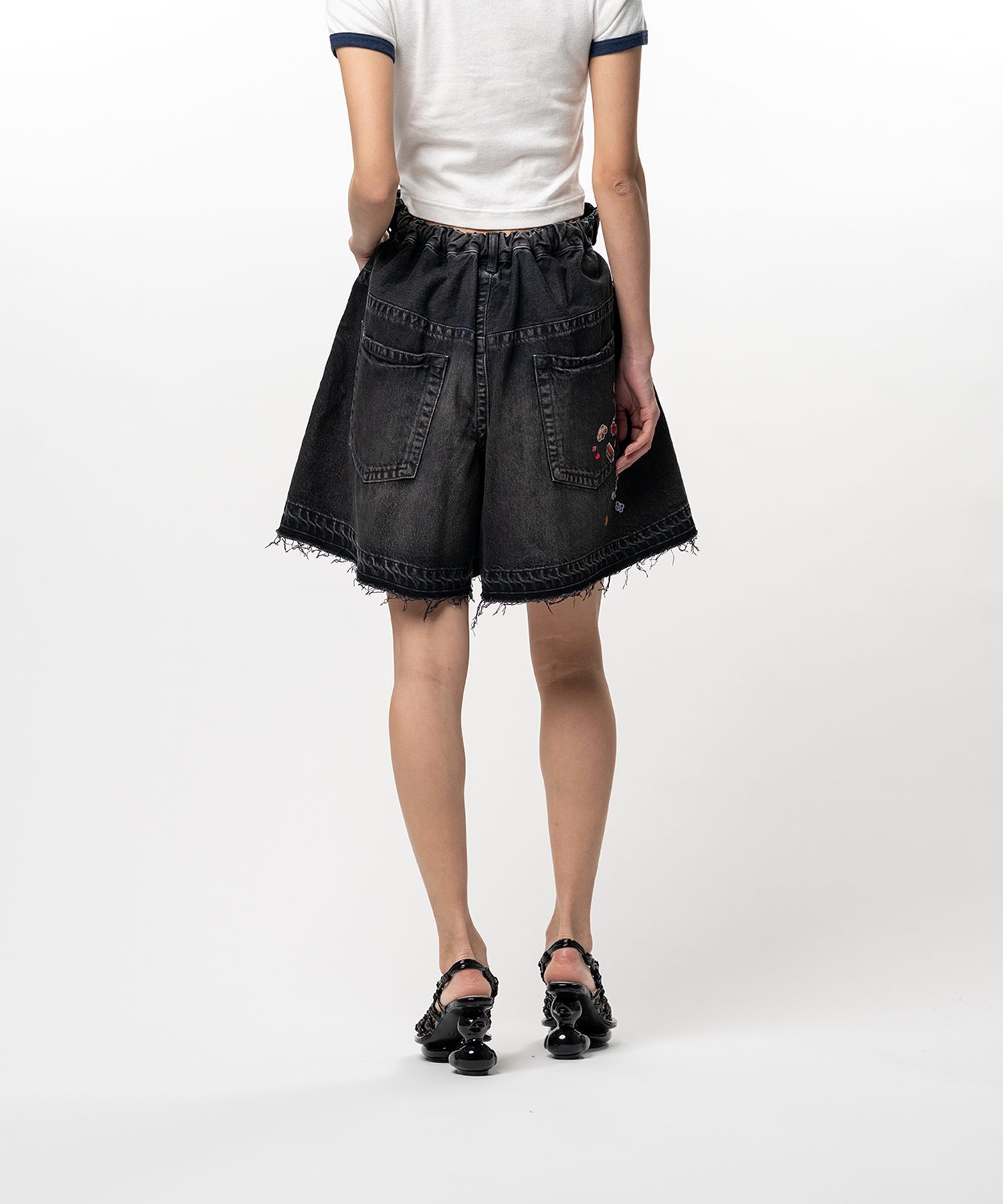 Kids Sticker Printed Denim Gather Shorts