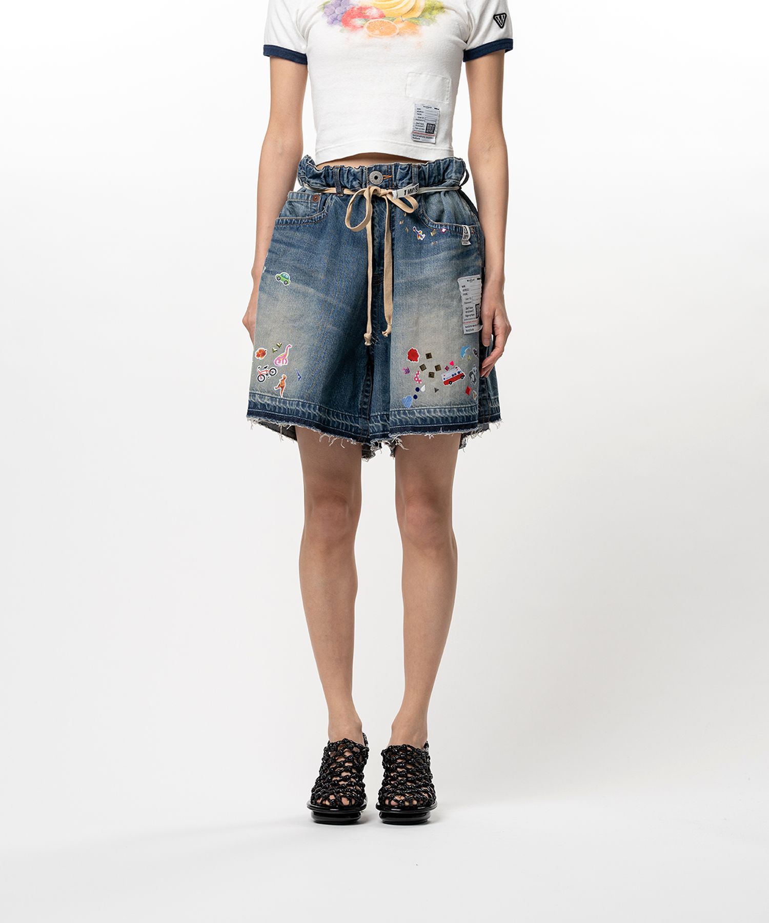 Kids Sticker Printed Denim Gather Shorts