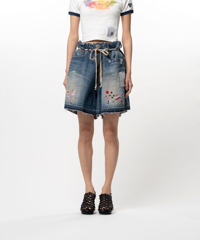 Kids Sticker Printed Denim Gather Shorts