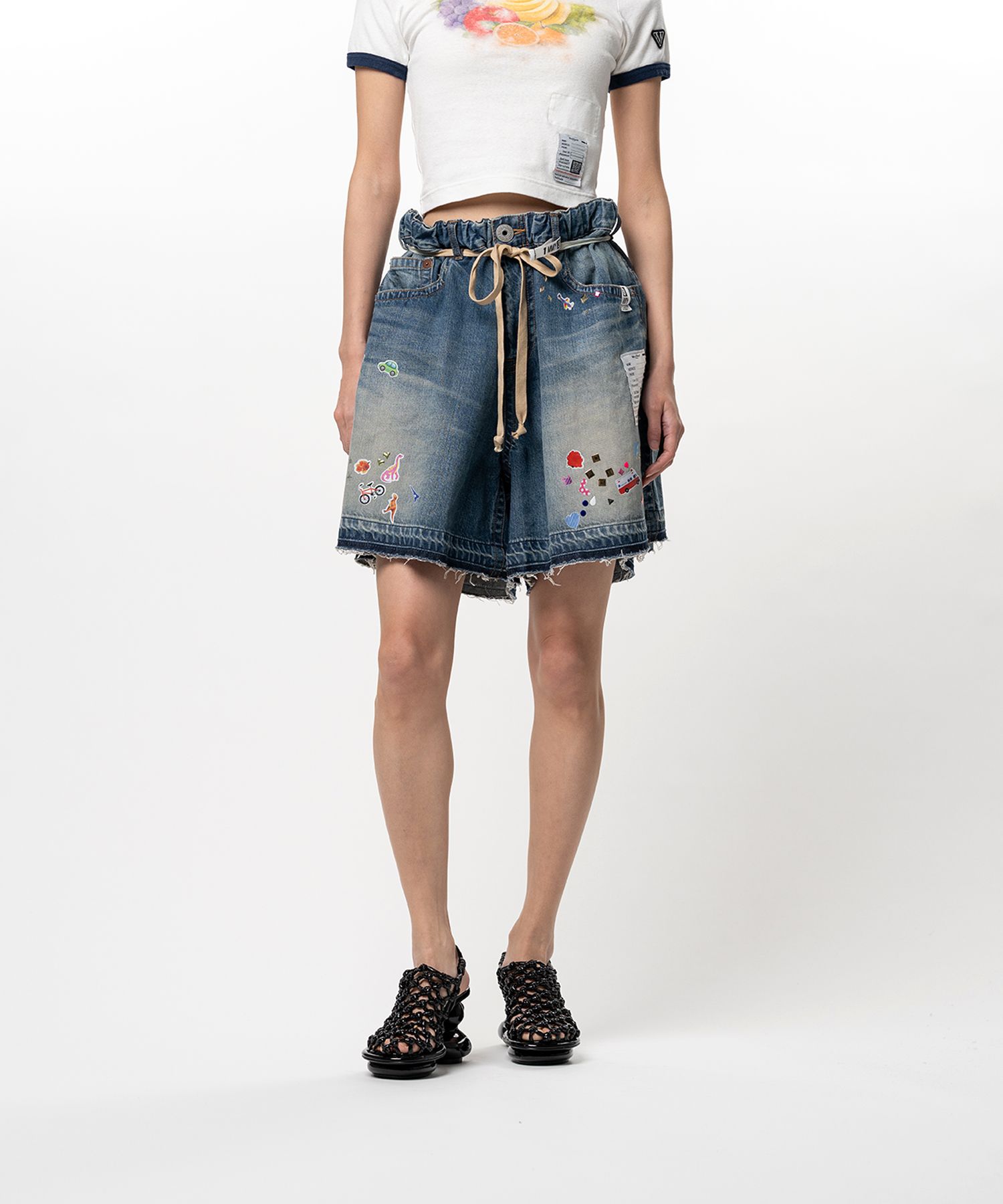Kids Sticker Printed Denim Gather Shorts